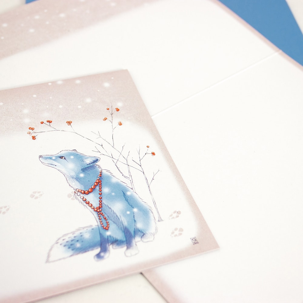 Bow & Hummingbird ökologische Weihnachtskarte Grusskarte Winter Fuchs im Schnee