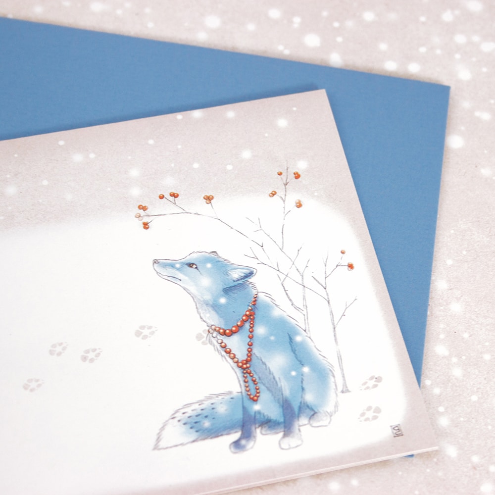 Bow & Hummingbird ökologische Weihnachtskarte Grusskarte Winter Fuchs im Schnee