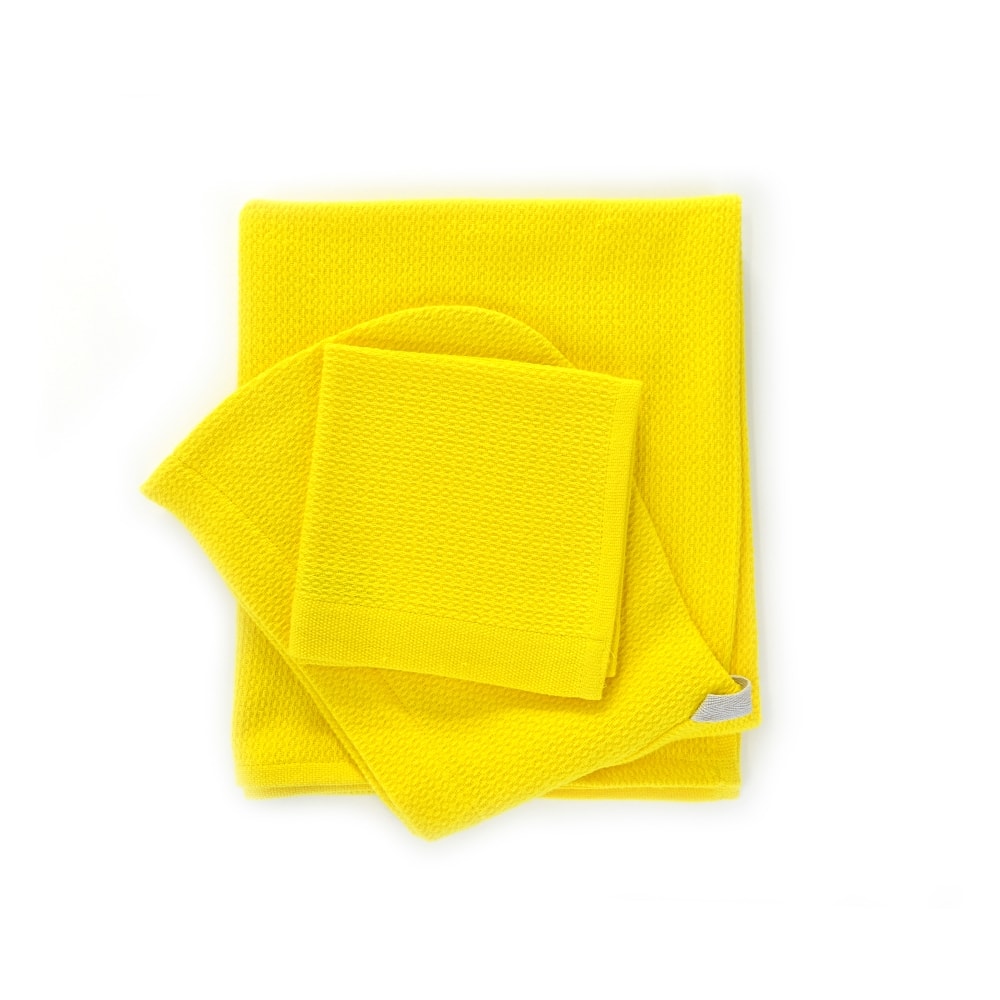 Ekobo nachhaltiges Baby Kapuzenhandtuch & Waschlappen aus Bio Baumwolle gelb