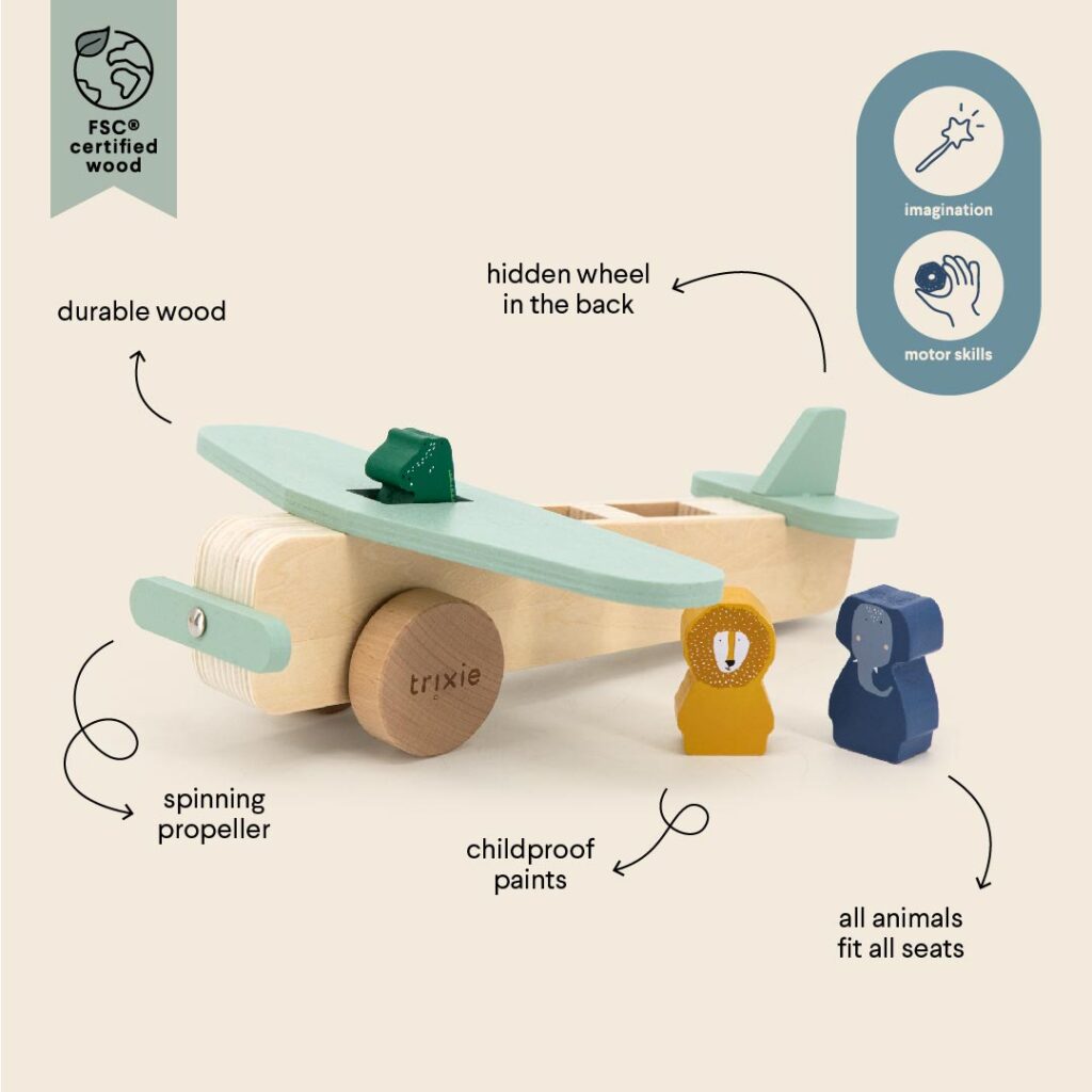 Trixie Holzflugzeug mit Elefant, Löwe und Krokodil – nachhaltiges Spielzeug aus FSC-Holz im minimalistischen Design, ideal für fantasievolle Abenteuer.