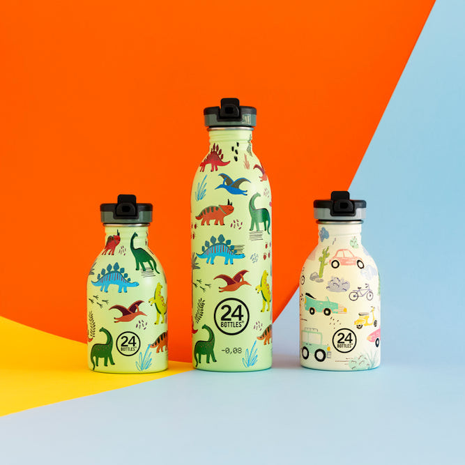 24Bottles leichte Kindertrinkflasche aus Edelstahl mit Sportcap Jurrasic & Adventure Friends