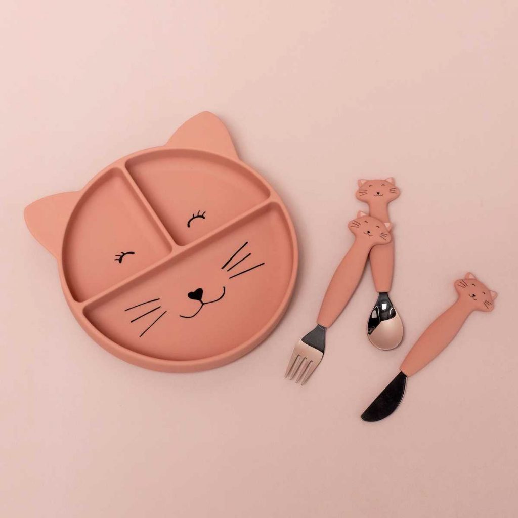 Trixie - nachhaltiges Kinderbesteck aus Edelstahl und Silikon mit Katzenmotiv Mrs. Cat