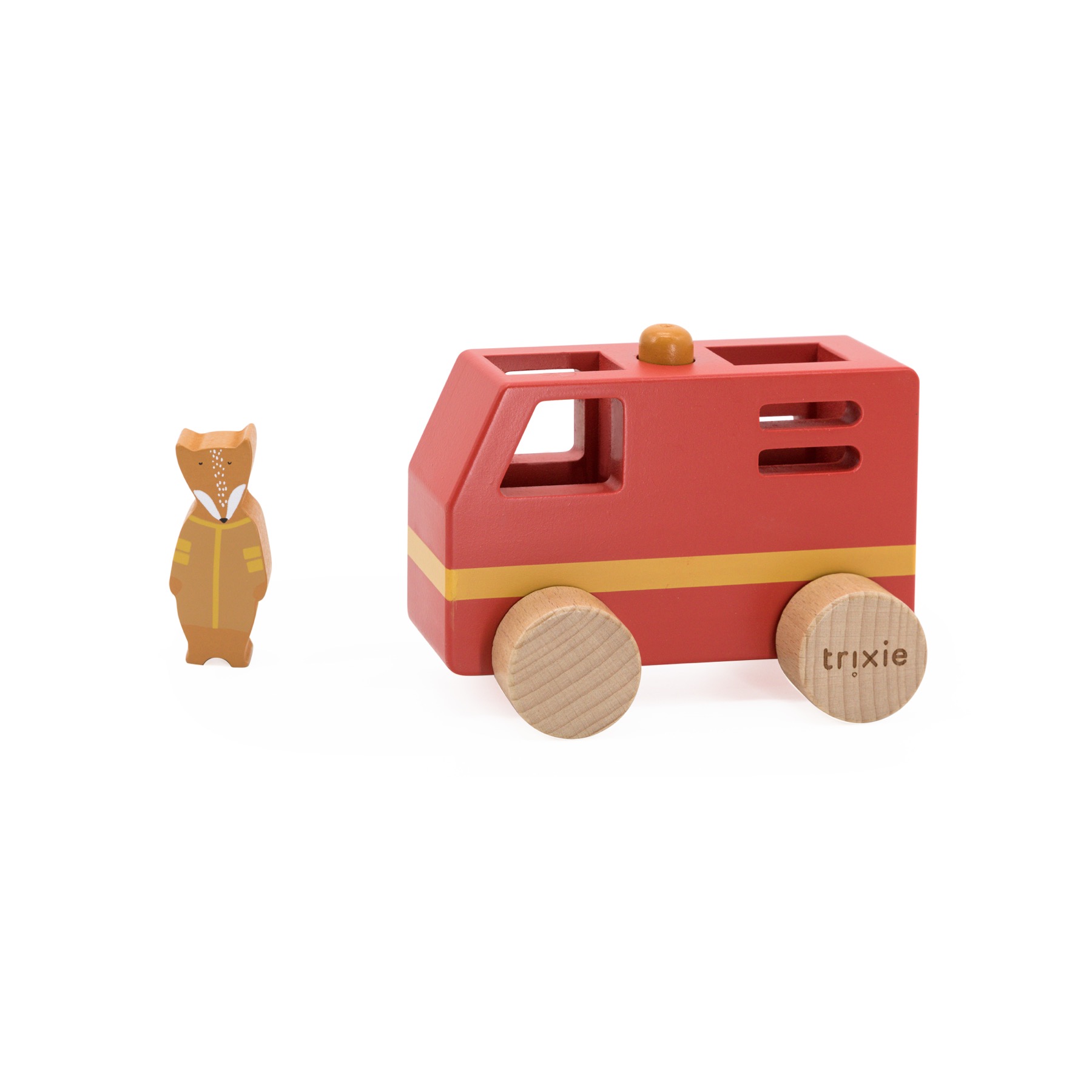 Trixie Nachhaltiges Kinderspielzeug aus Holz - kleines Feuerwehrauto aus Holz mit Fuchs - Small Fire Truck
