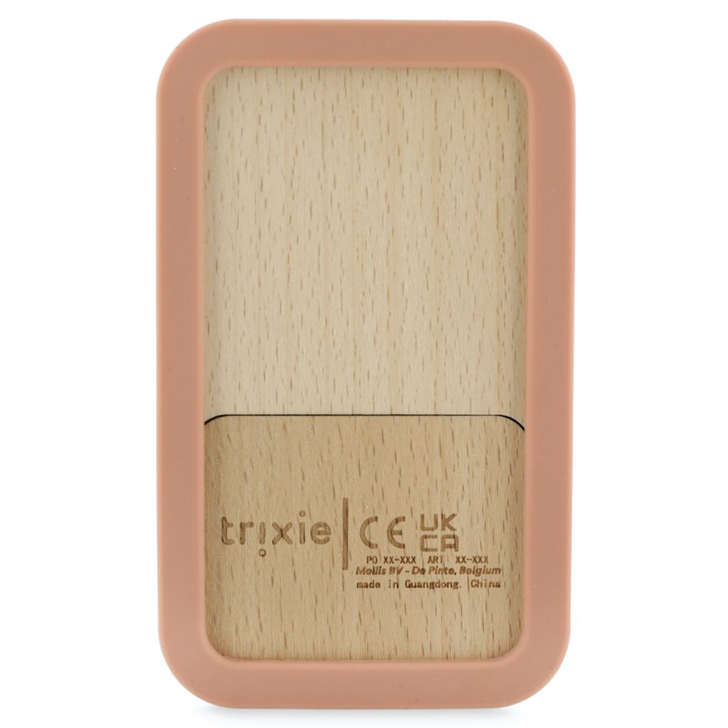 Trixie Nachhaltiges Kinderspielzeug - Babykamera, Spielzeughandy aus Holz und Silikon mit Katze - rosa, Mrs. Cat