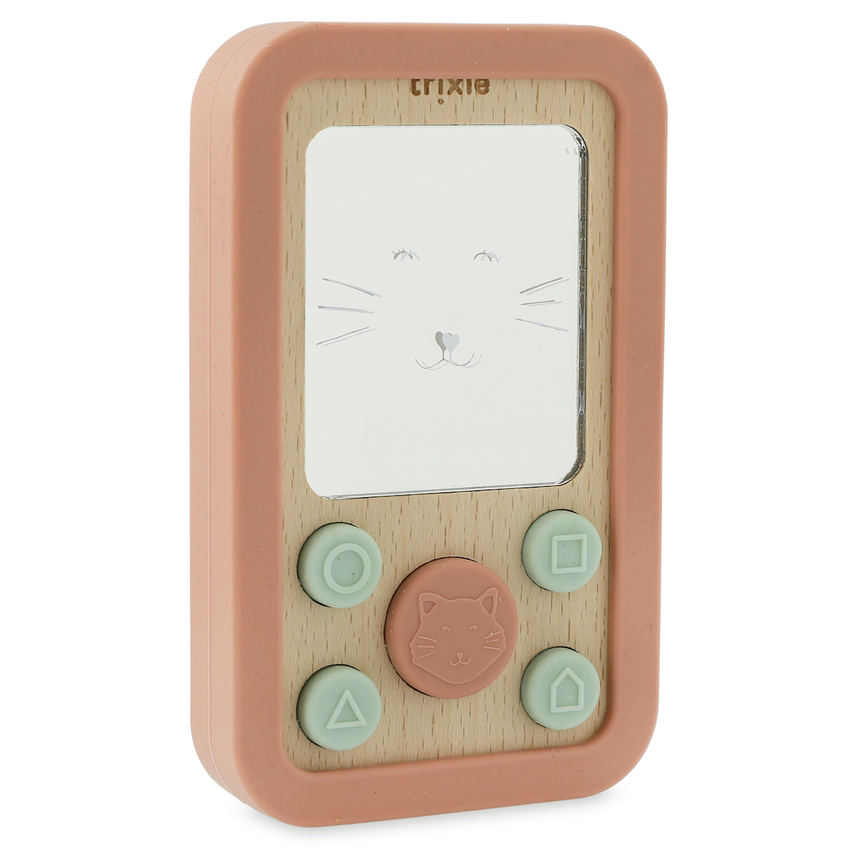 Trixie Nachhaltiges Kinderspielzeug - Babykamera, Spielzeughandy aus Holz und Silikon mit Katze - rosa, Mrs. Cat