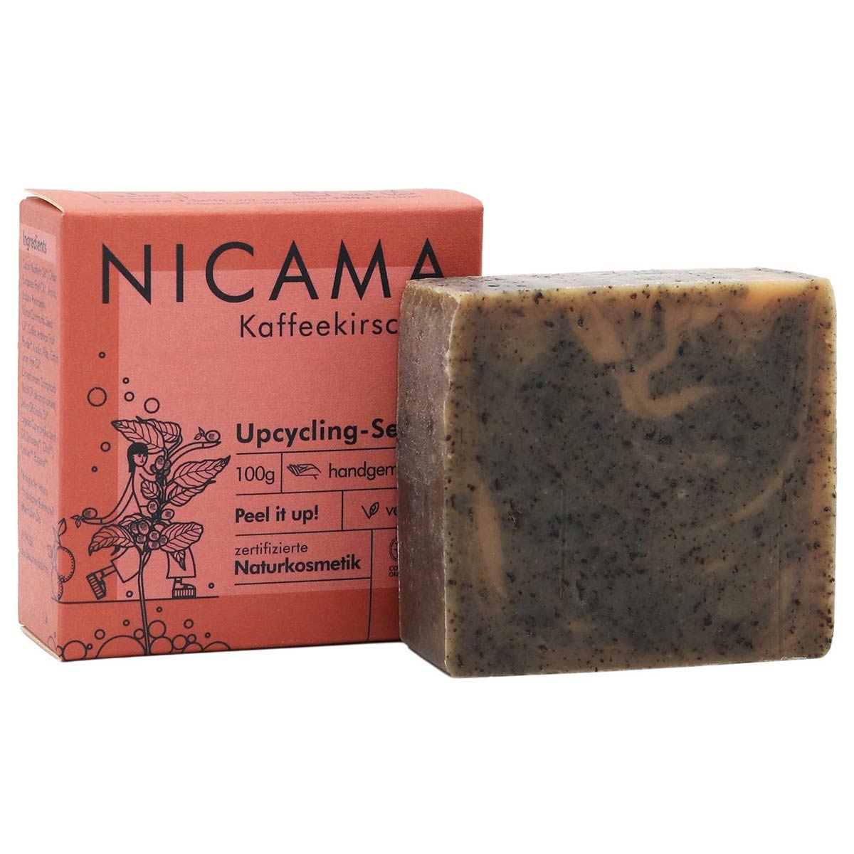 NICAMA Upcyclingseife – feste, handgemachte Bio-Seife, Peelingseife vegan, Kaffee-Kirsche