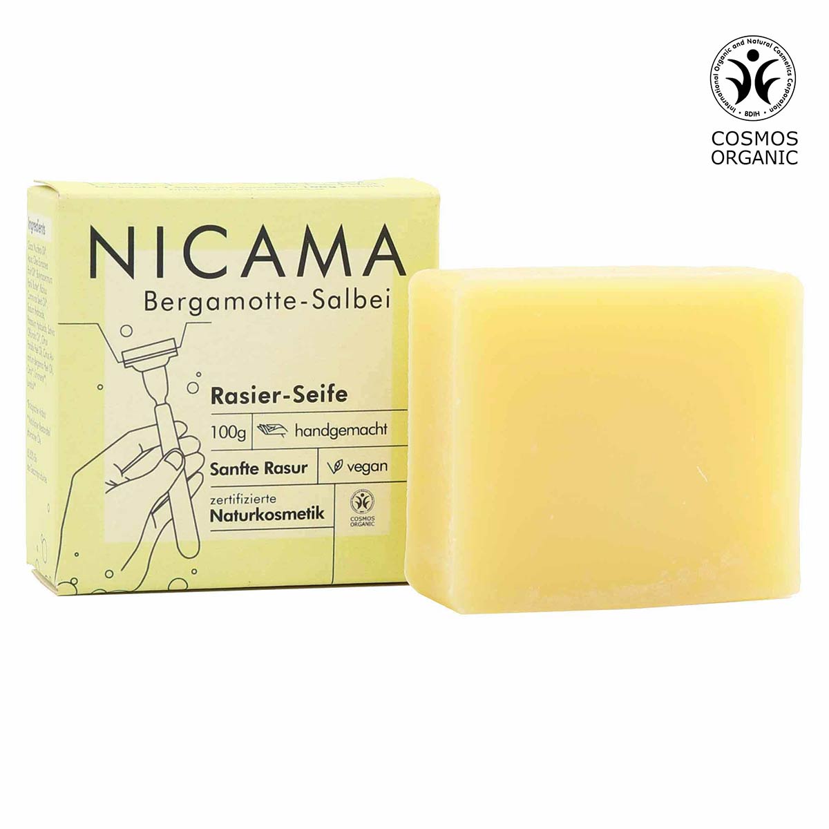 NICAMA Rasierseife – feste, handgemachte Bio-Seife, vegan, Bergamotte-Salbei