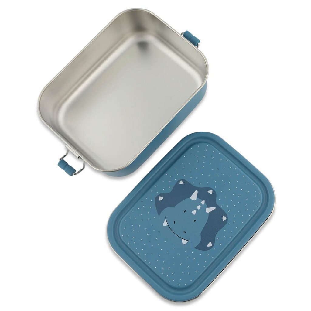 Nachhaltige kleine Kinderbrotdose aus Edelstahl mit Dino-Motiv MR. TRICERATOPS von TRIXIE – plastikfrei, BPA-frei und perfekt für kleine Snacks.