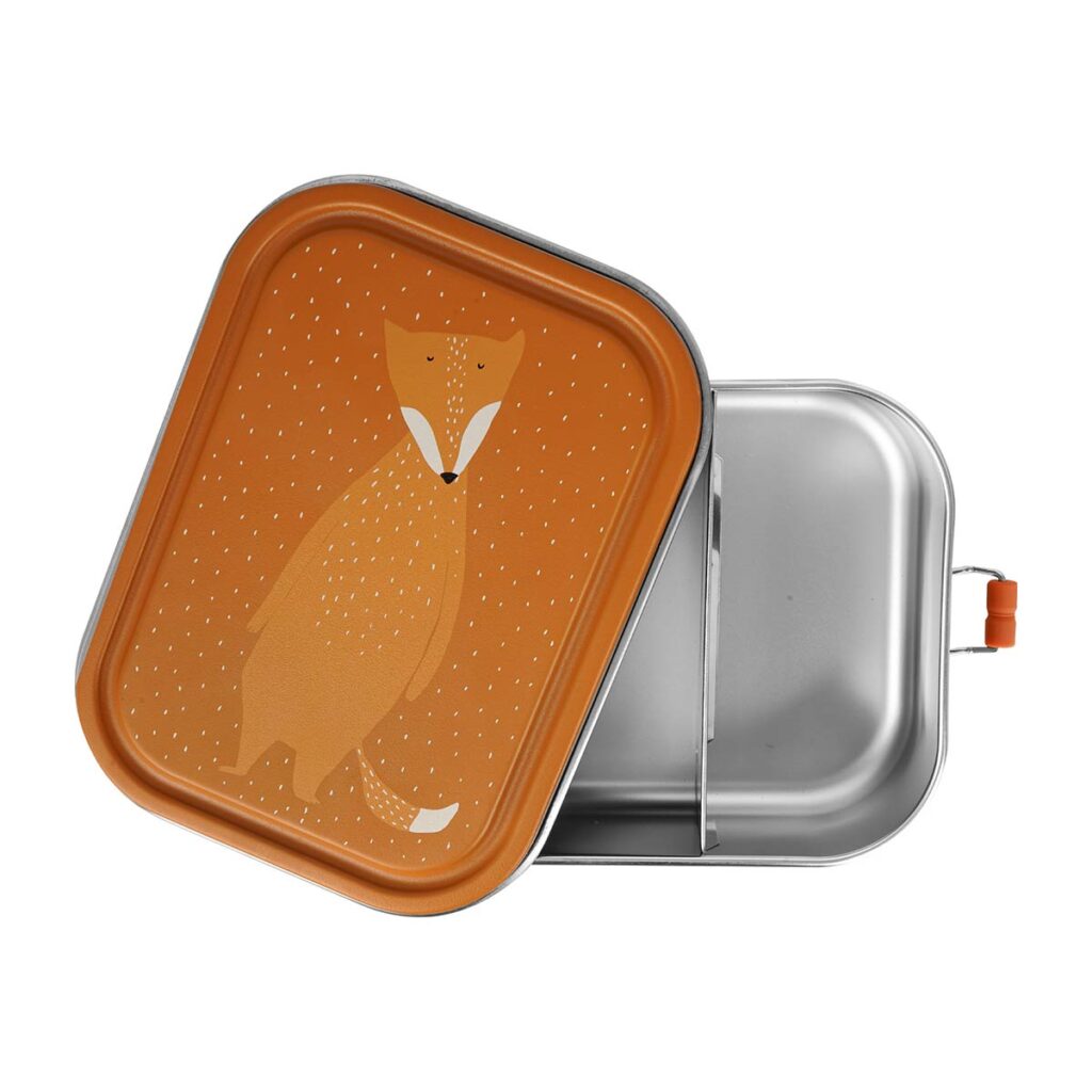 Große Brotdose und Lunchbox aus Edelstahl für Kinder mit Trennfach und Fuchs-Motiv, BPA-frei und nachhaltig