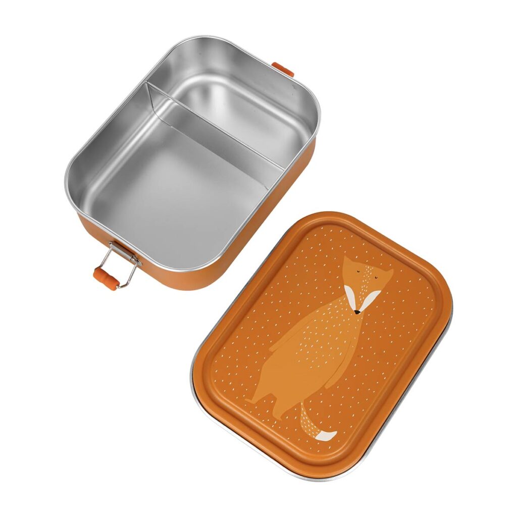 Große Brotdose und Lunchbox aus Edelstahl für Kinder mit Trennfach und Fuchs-Motiv, BPA-frei und nachhaltig
