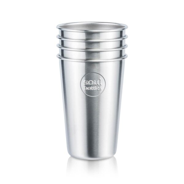 Soulbottles Soulcup Edelstahl Trinkbecher 0,4L – 4er Set PLAIN, leichte, plastikfreie und stapelbare Trinkbecher aus gebürstetem Edelstahl, ideal für Camping, Outdoor und nachhaltigen Alltag.