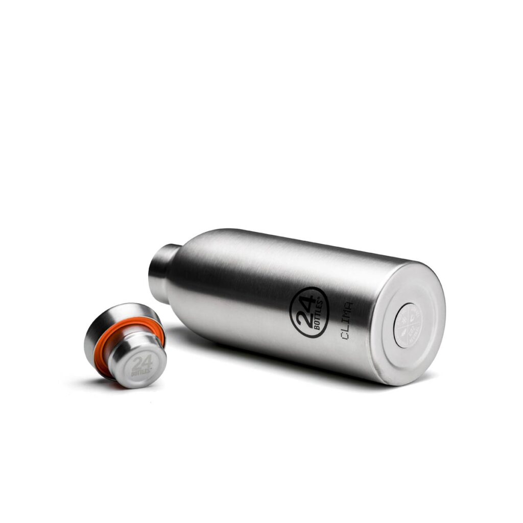 24Bottles CLIMA Isolierflasche BRUSHED STEEL – nachhaltige Thermoflasche aus Edelstahl mit gebürstetem Stahl-Finish - zeitlos und robust