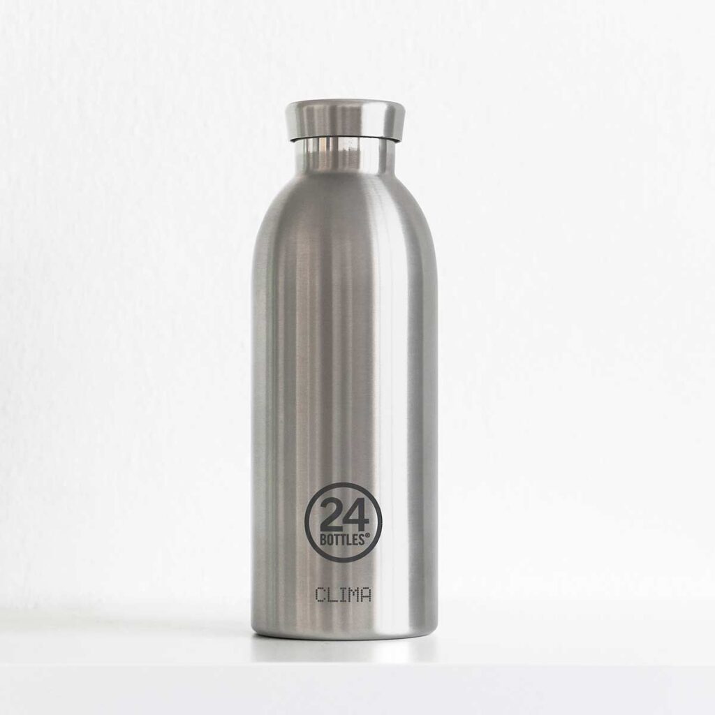 24Bottles CLIMA Isolierflasche BRUSHED STEEL – nachhaltige Thermoflasche aus Edelstahl mit gebürstetem Stahl-Finish - zeitlos und robust