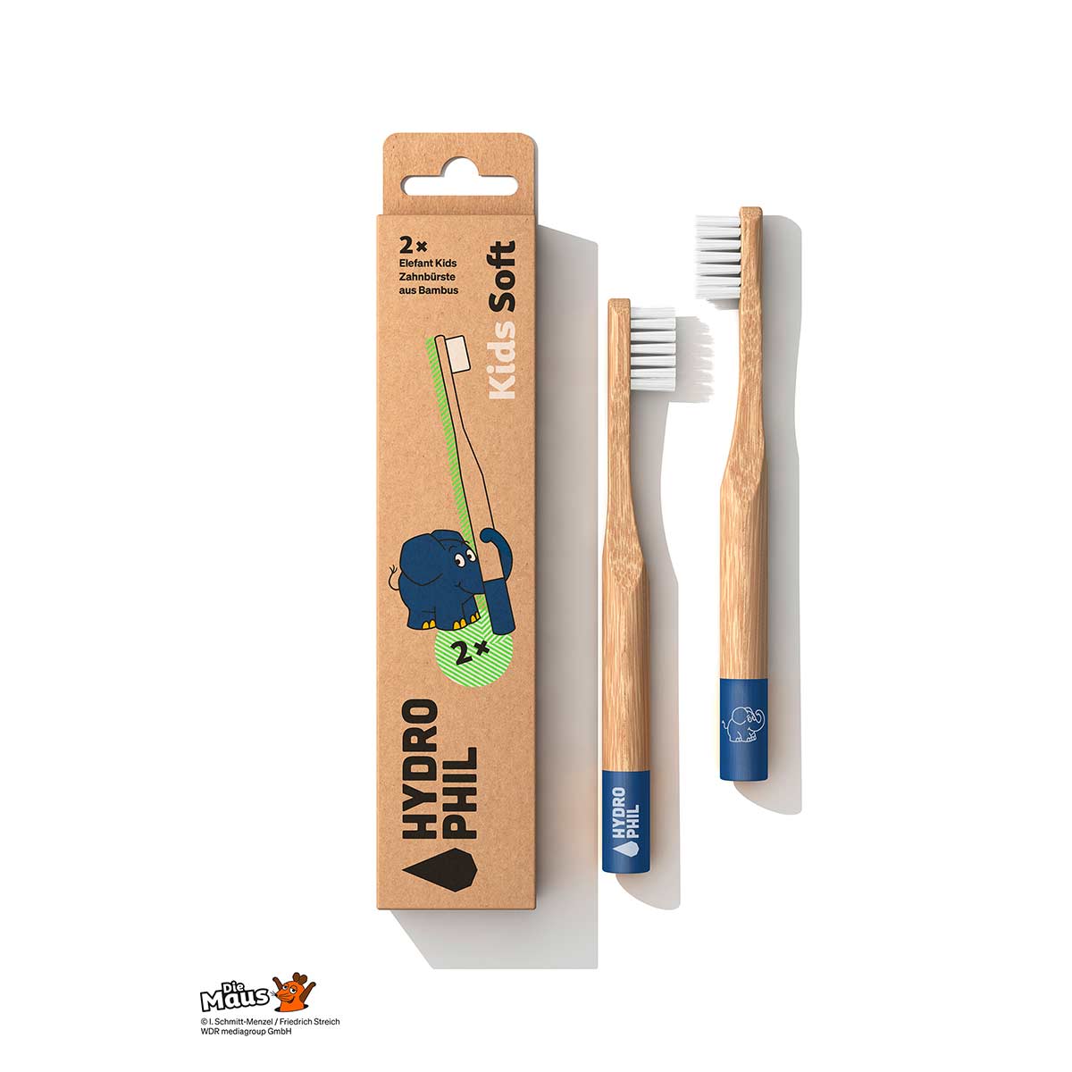 Hydrophil nachhaltige Kinderzahnbürste aus Bambus mit dem Elefanten - als Doppelpack
