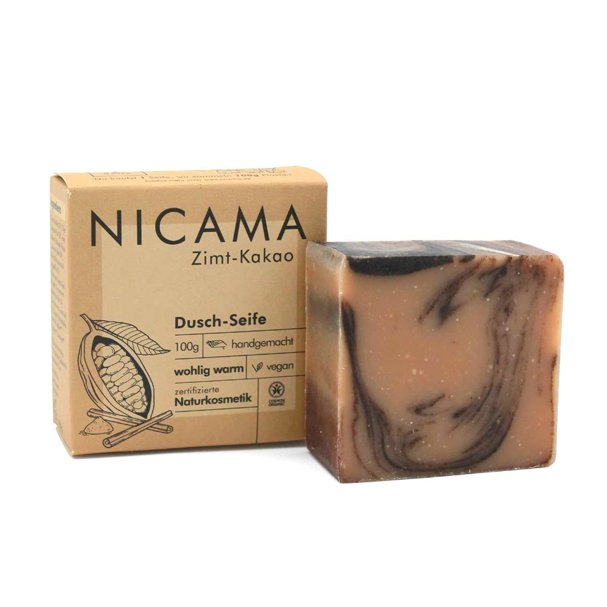Handgemachte Bio-Seife, Duschseife von NICAMA mit Zimt & Kakao – vegane, plastikfreie Naturseife