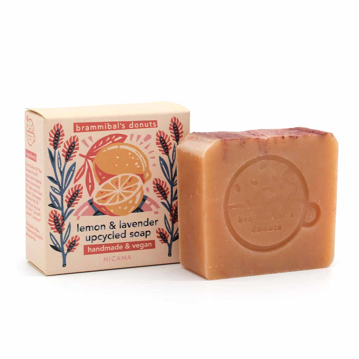 Upcycling-Seife von NICAMA mit Rapsöl von Brammibal’s Donuts – Zitrone & Lavendel - vegan, plastikfrei und ein tolles, nachhaltiges Geschenk für Donutsfans!