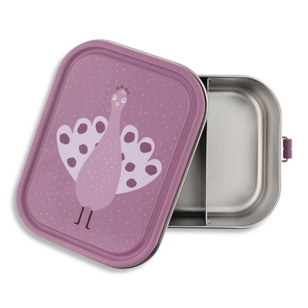Trixie große Brotdose für Kinder aus Edelstahl in lila, nachhaltige Lunchbox mit Pfaumotiv - Mrs. Peacock
