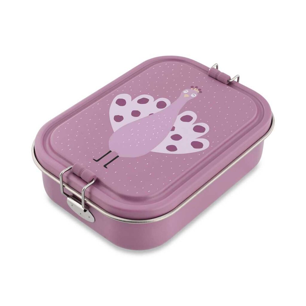 Trixie große Brotdose für Kinder aus Edelstahl in lila, nachhaltige Lunchbox mit Pfaumotiv - Mrs. Peacock