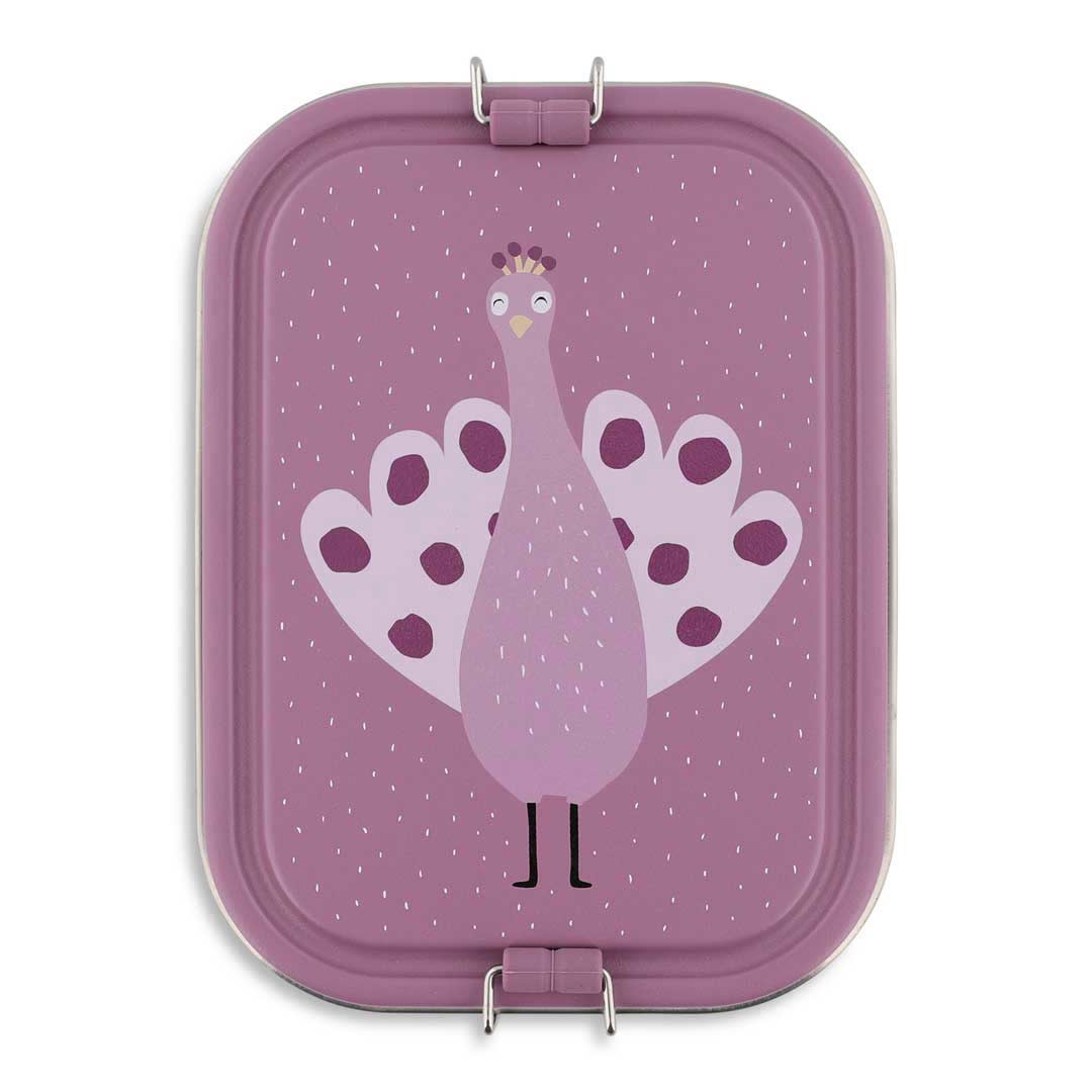 Trixie große Brotdose für Kinder aus Edelstahl in lila, nachhaltige Lunchbox mit Pfaumotiv - Mrs. Peacock