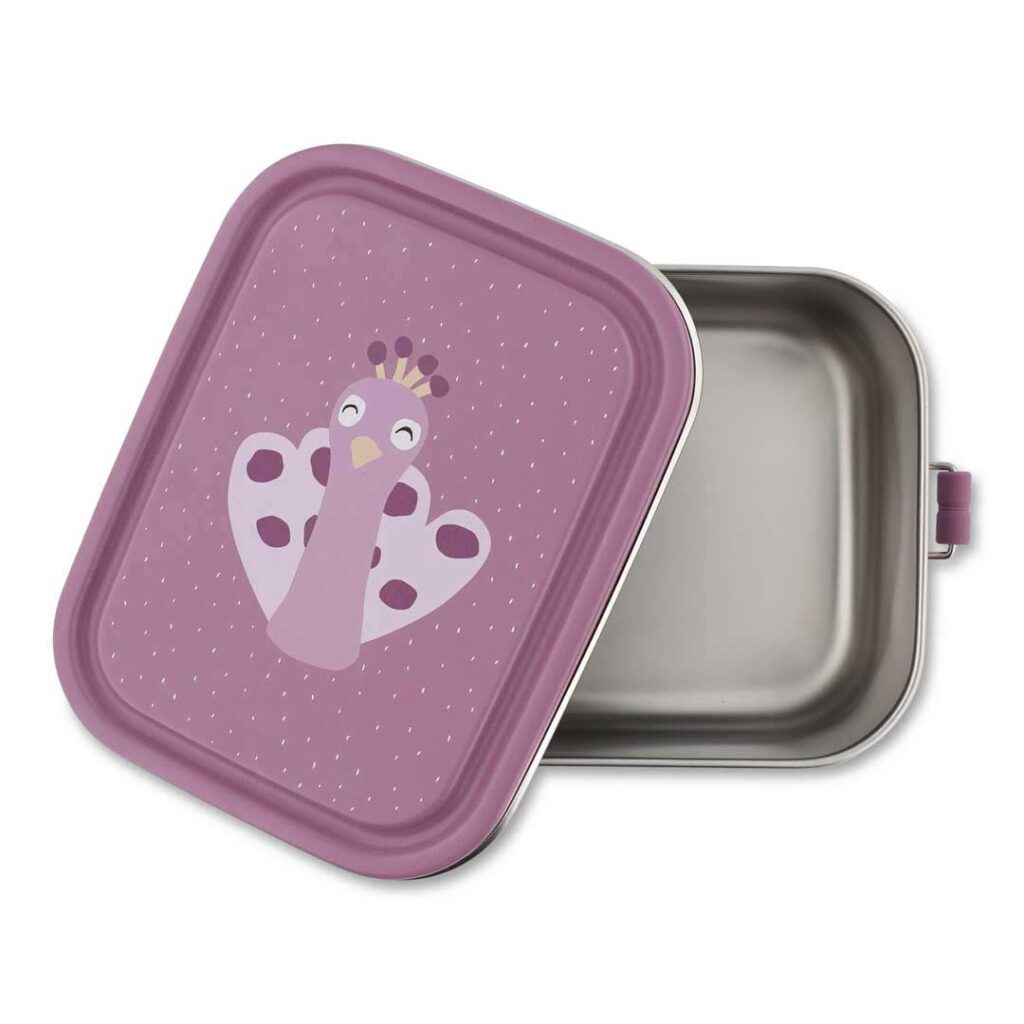Trixie Brotdose für Kinder aus Edelstahl in lila, nachhaltige, kleine Lunchbox mit Pfaumotiv - Mrs. Peacock