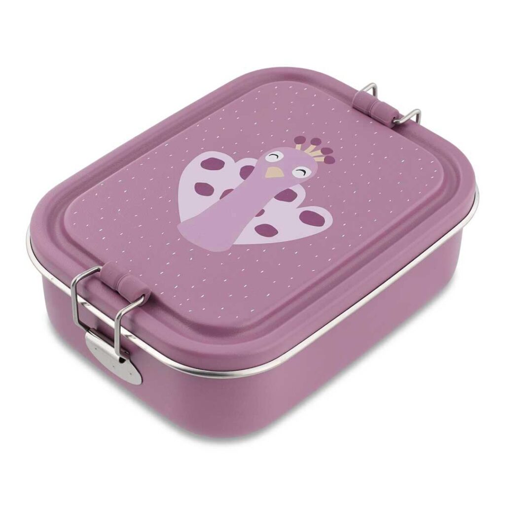 Trixie Brotdose für Kinder aus Edelstahl in lila, nachhaltige, kleine Lunchbox mit Pfaumotiv - Mrs. Peacock