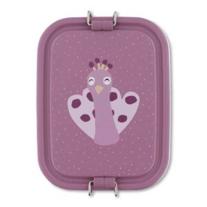 Trixie Brotdose für Kinder aus Edelstahl in lila, nachhaltige, kleine Lunchbox mit Pfaumotiv - Mrs. Peacock