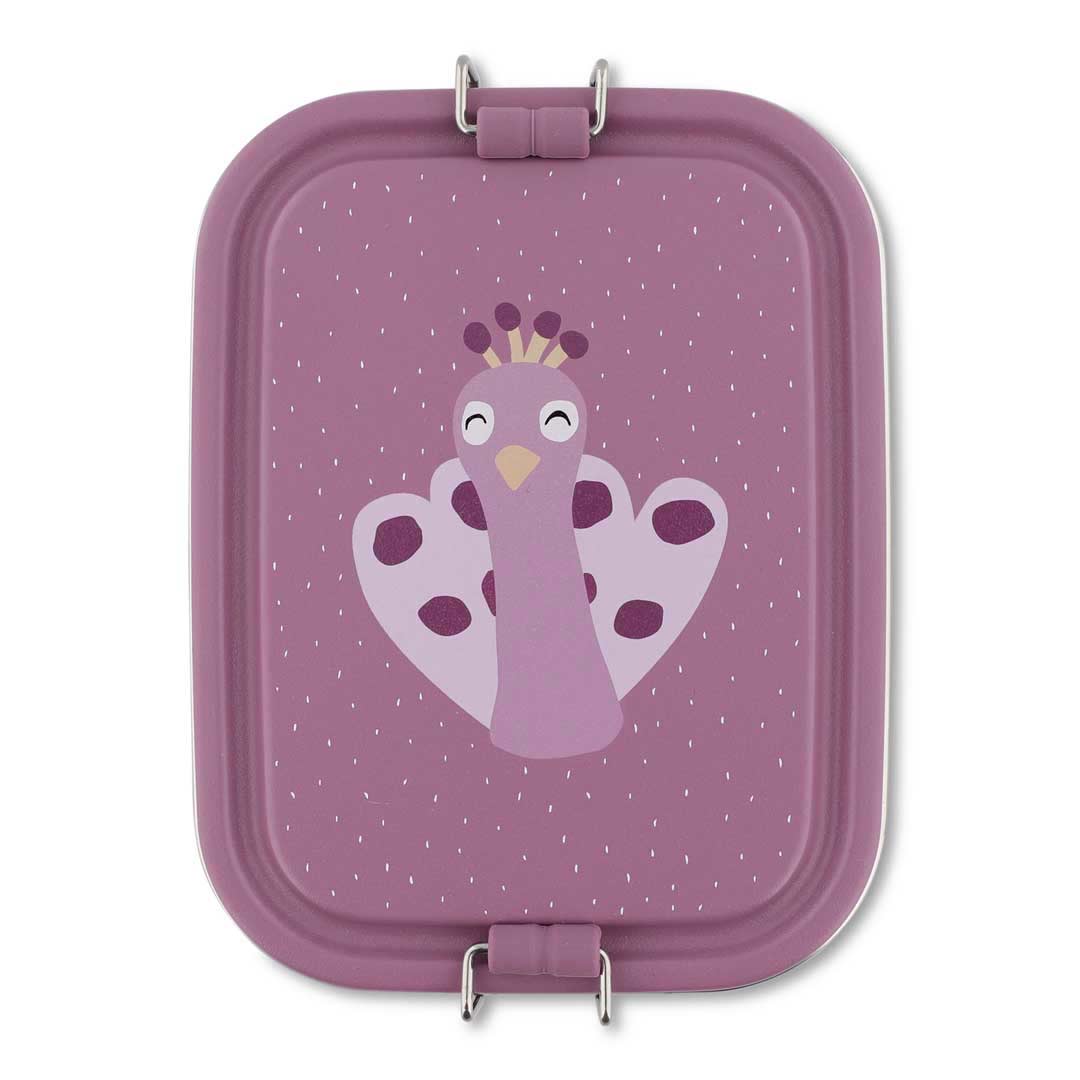 Trixie Brotdose für Kinder aus Edelstahl in lila, nachhaltige, kleine Lunchbox mit Pfaumotiv - Mrs. Peacock